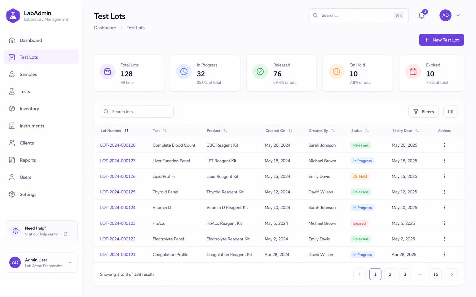 Purple Research Labs results portal showing test lots and statuses